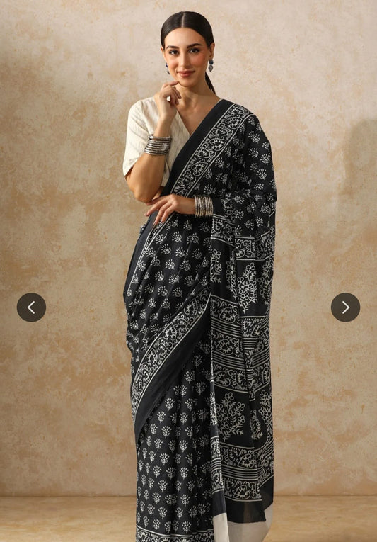 Bagru Block Print Cotton mulmul Sarees  (74)
