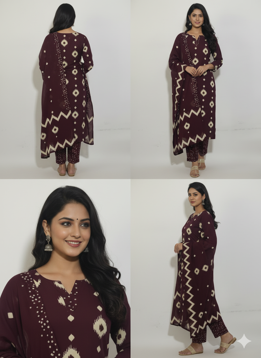 Women Printed Regular Pure Cotton Kurta With Trousers & Dupatta (Maroon)