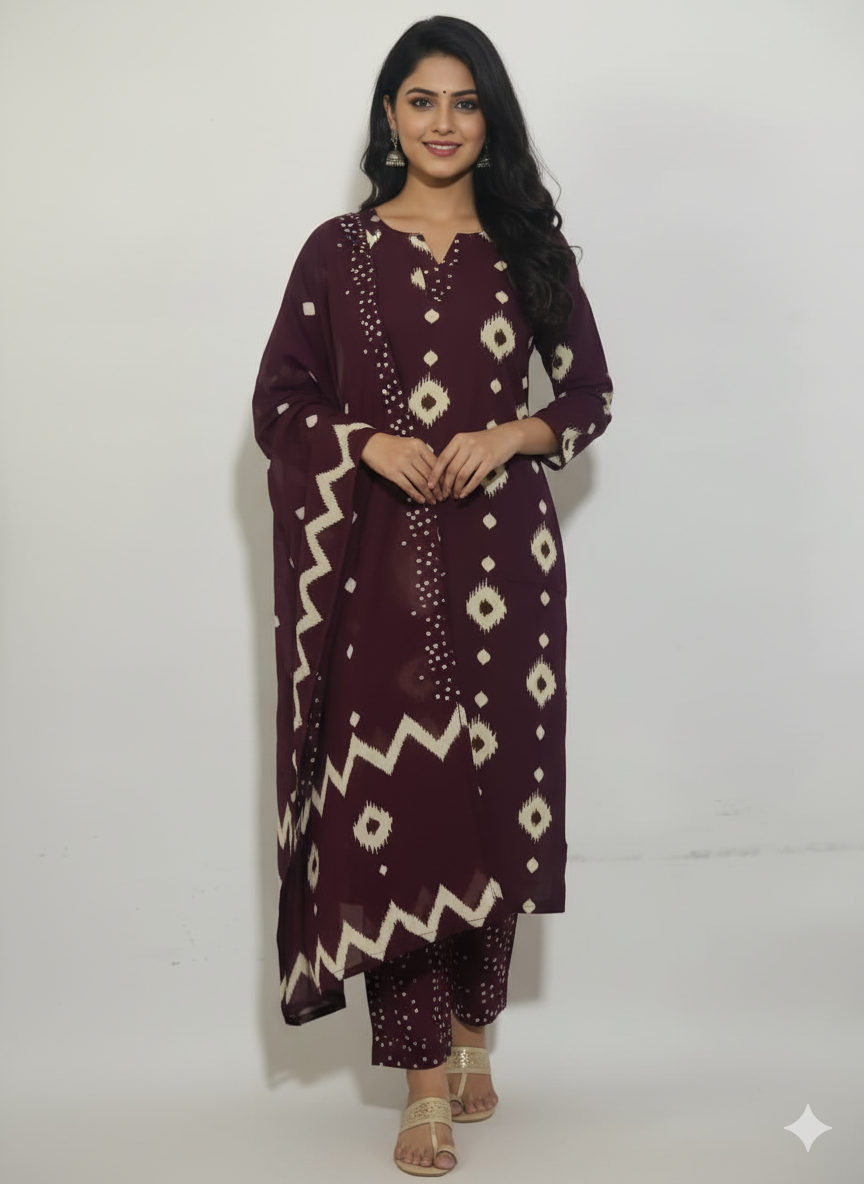 Women Printed Regular Pure Cotton Kurta With Trousers & Dupatta (Maroon)