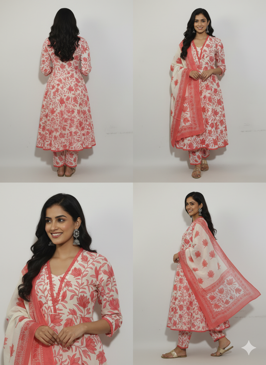 Floral Printed Pure Cotton Anarkali Kurta With Trousers & Dupatta (Pink-White)