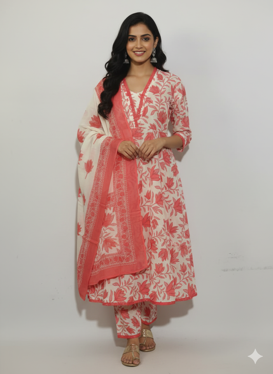 Floral Printed Pure Cotton Anarkali Kurta With Trousers & Dupatta (Pink-White)