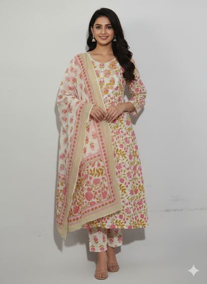 Floral Printed Pure Cotton Regular Kurta With Trousers & Dupatta (Pink off-white)