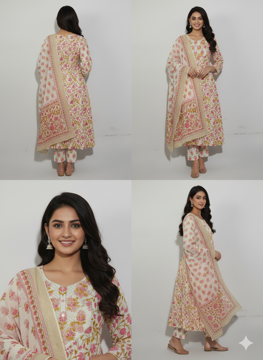 Floral Printed Pure Cotton Regular Kurta With Trousers & Dupatta (Pink off-white)