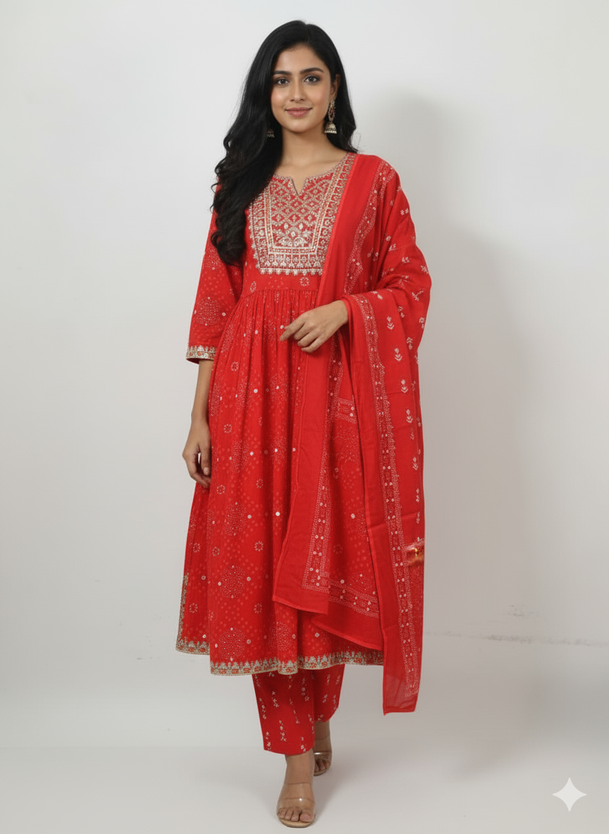 Women Printed Pure Cotton Kurta with Trousers & Dupatta (Red Color)