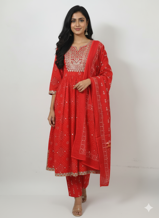 Women Printed Pure Cotton Kurta with Trousers & Dupatta (Red Color)