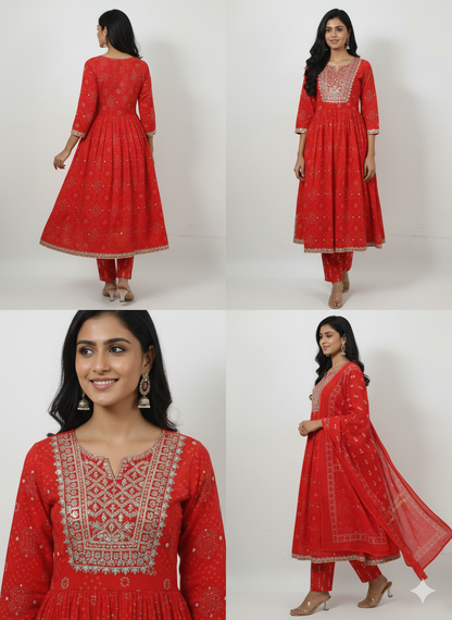 Women Printed Pure Cotton Kurta with Trousers & Dupatta (Red Color)