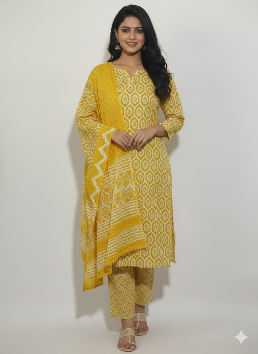 Pure Cotton Geometric Print Regular Kurta Pant with Dupatta (Yellow white)
