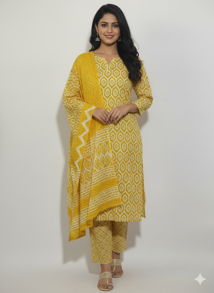 Pure Cotton Geometric Print Regular Kurta Pant with Dupatta (Yellow white)