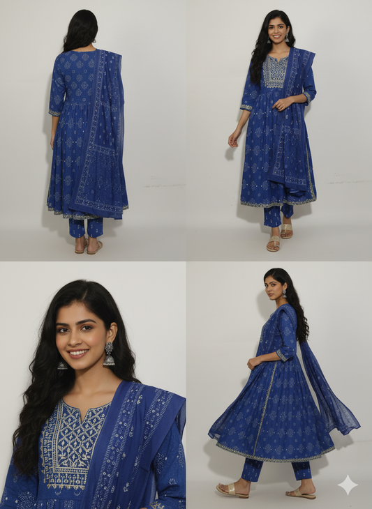 Women Printed Pure Cotton Kurta with Trousers & Dupatta (Blue Color)