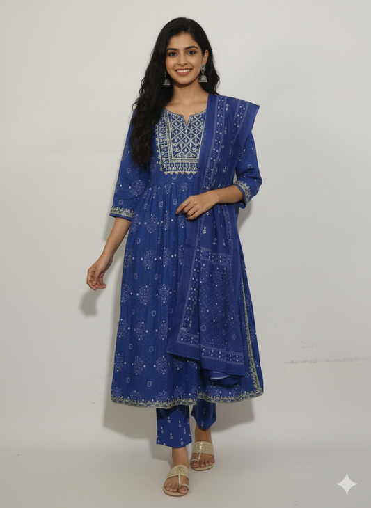 Women Printed Pure Cotton Kurta with Trousers & Dupatta (Blue Color)