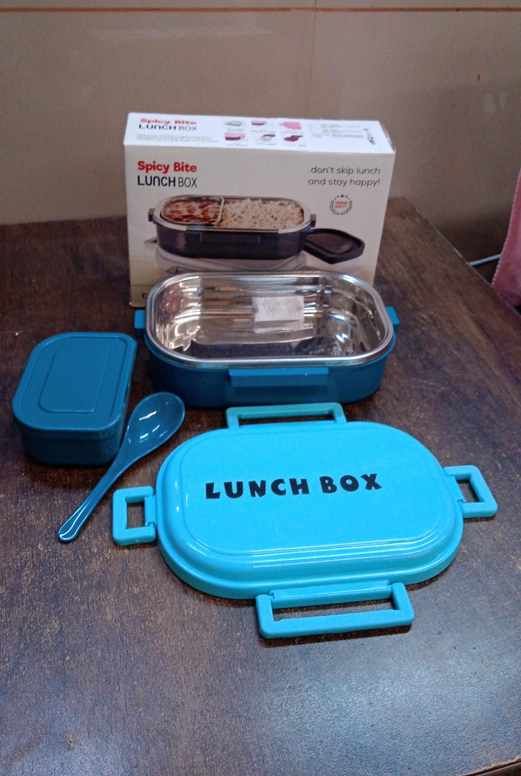 3 In 1 Spicy Bite Stainless Steel Lunch Box With Box  Spoon (1 Set)