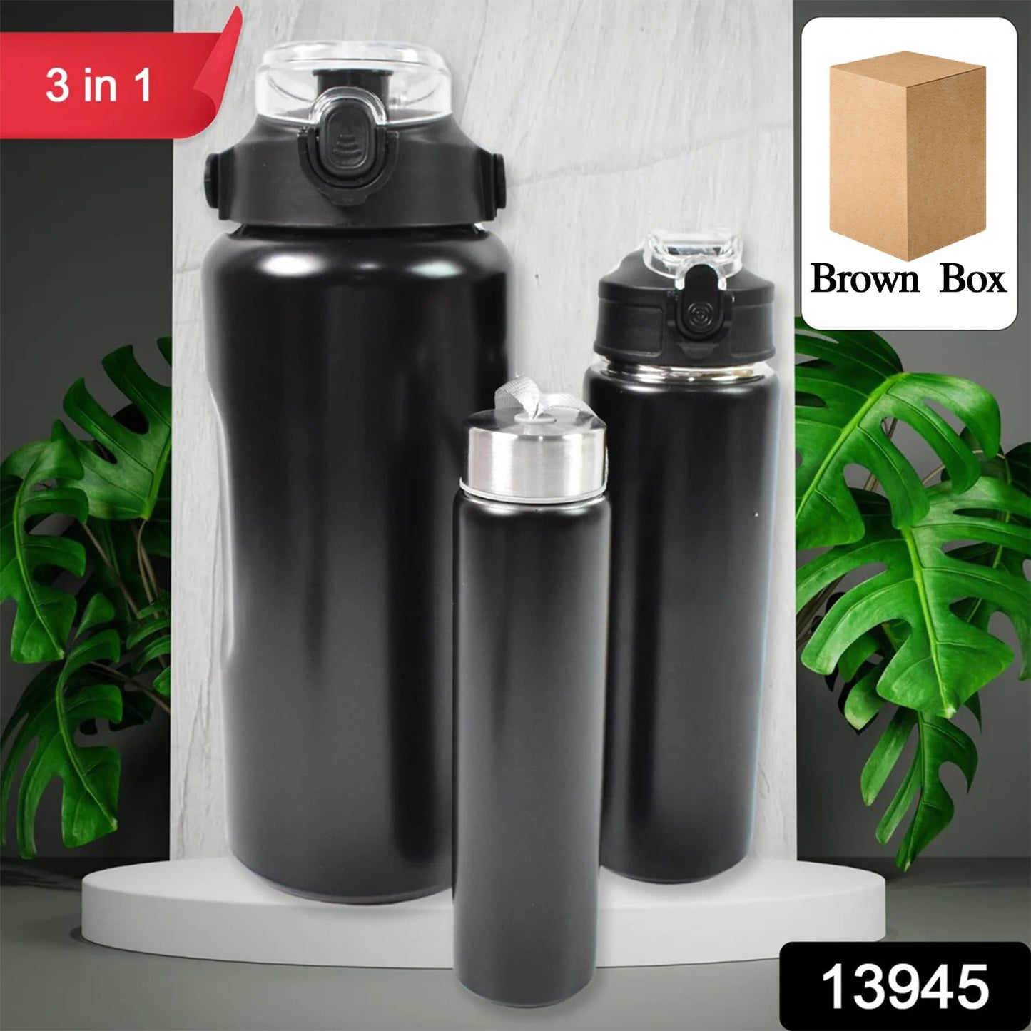 3 In 1 Stainless Steel Insulated Water Bottle (3 Pcs Set  Different Size)